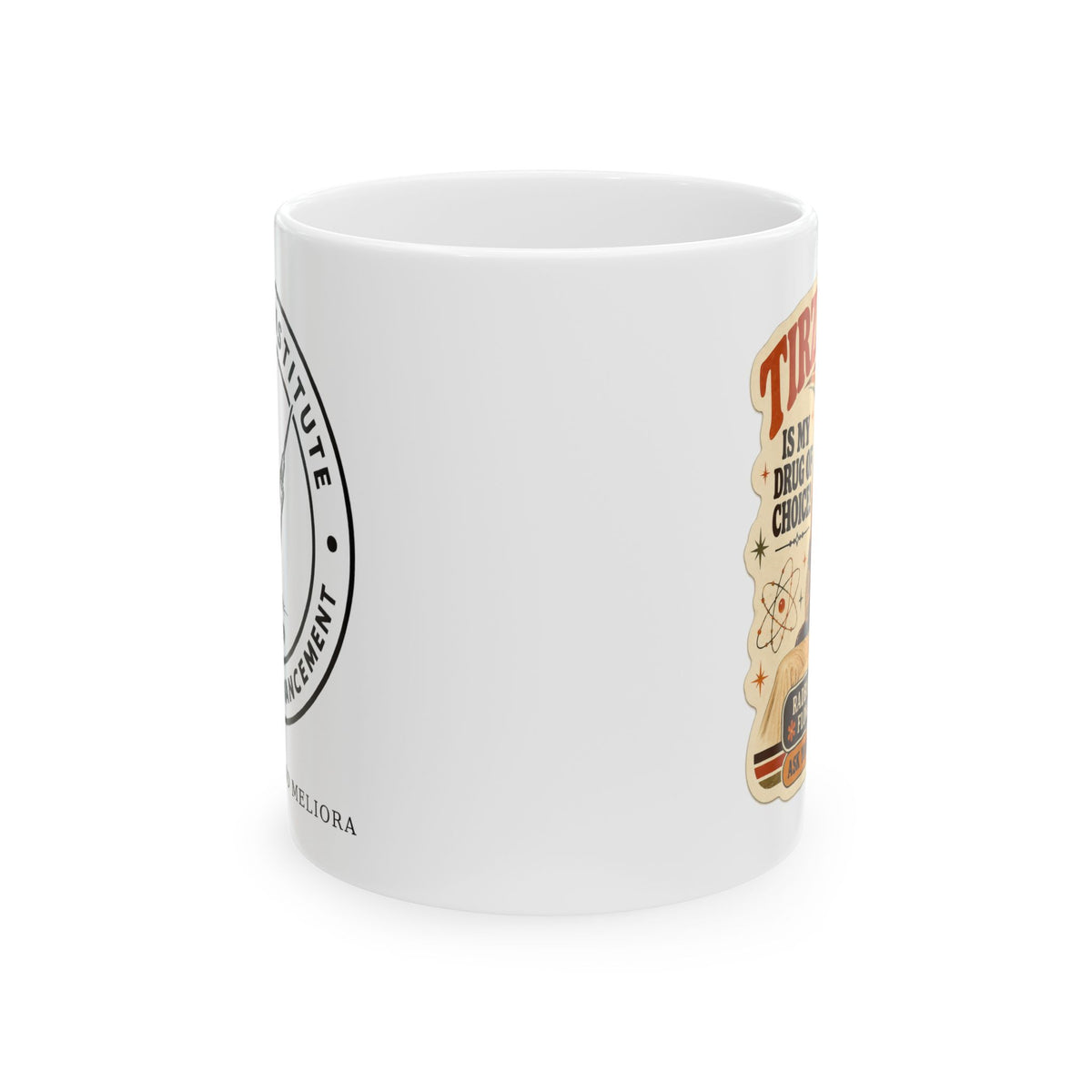 Side view of white Tirzepatide Mug — Mustache showing parts of the illustration and seal | color:all