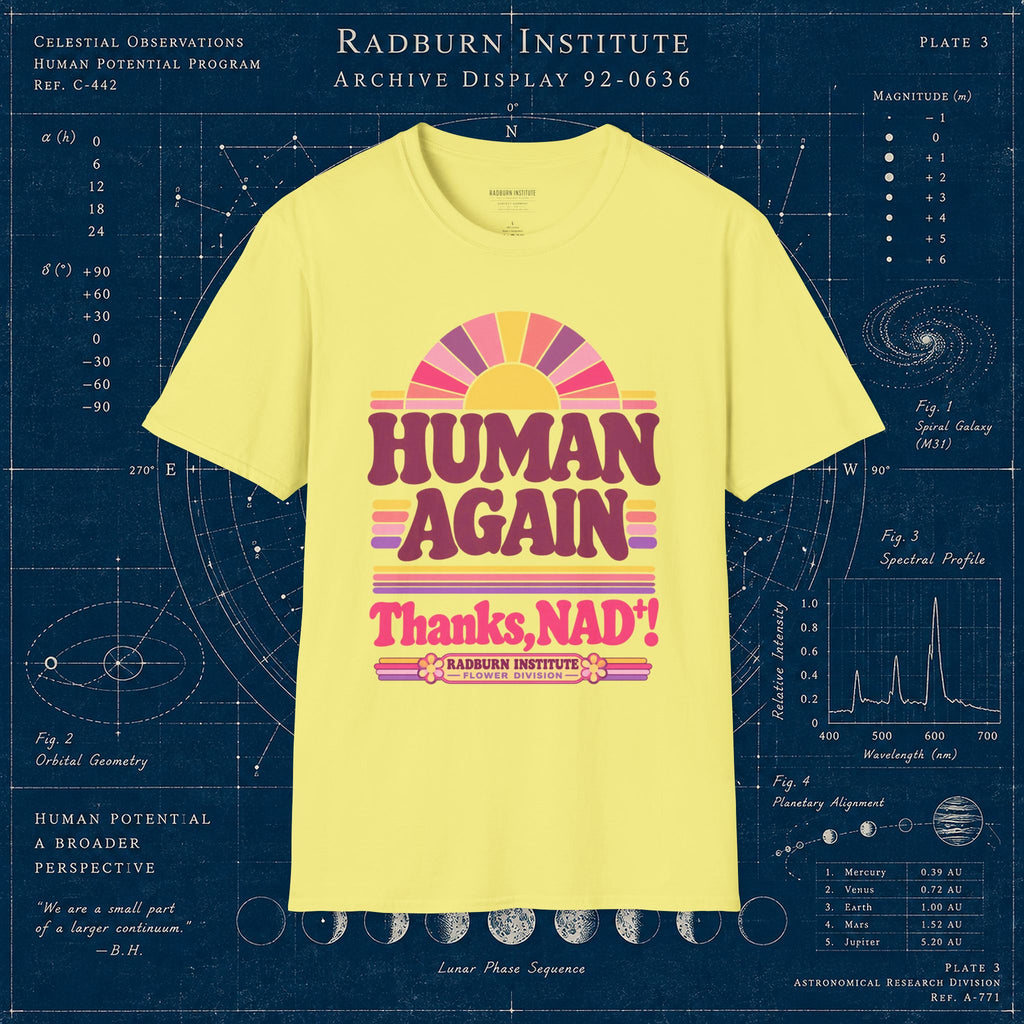 cornsilk Human Again NAD+ T-shirt, front view laid flat on a display background | color:Cornsilk