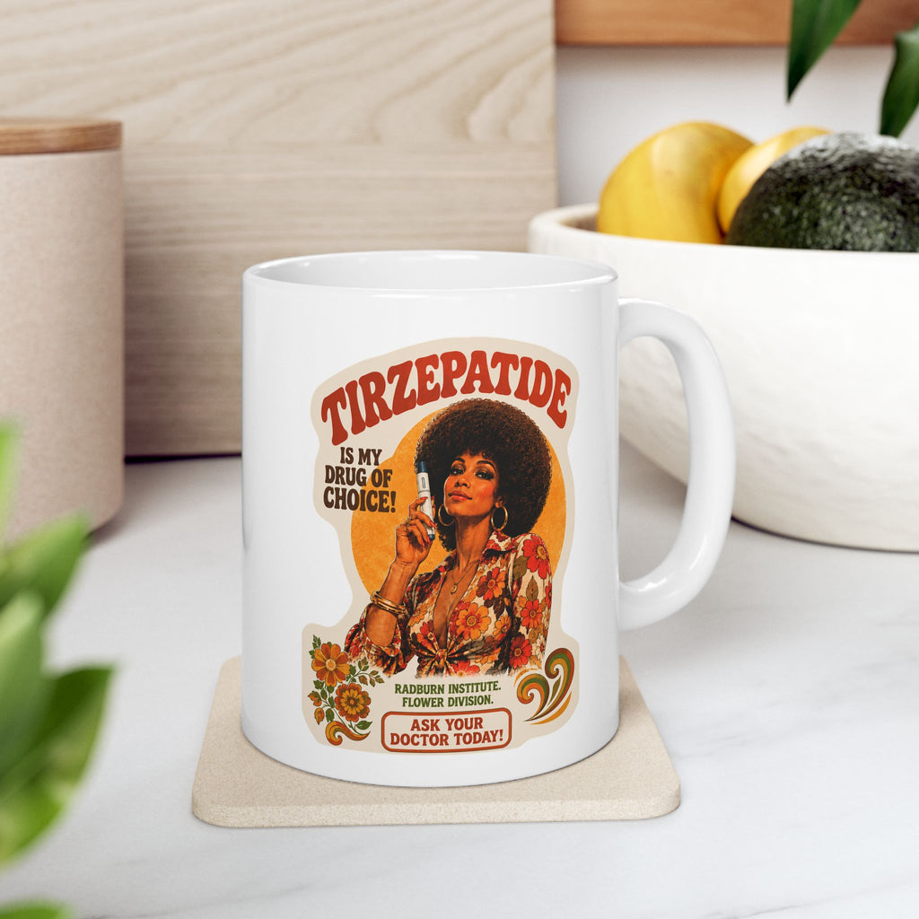 White Tirzepatide Mug — No Mustache on a kitchen counter beside vegetables | color:all