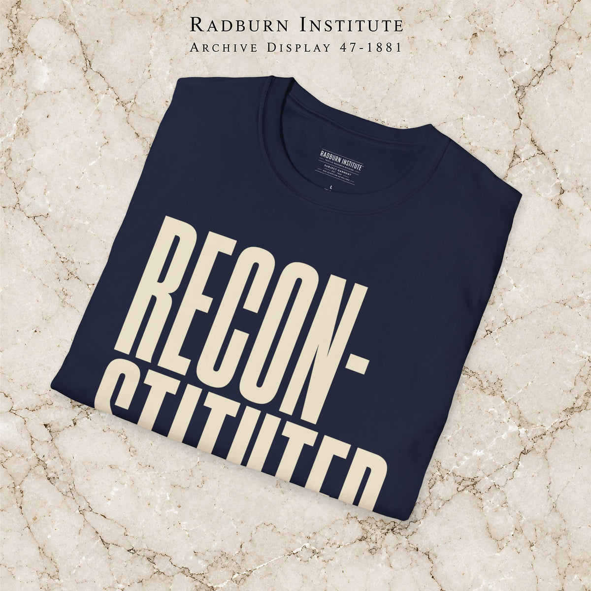 Navy RECONSTITUTED Garment shown in a styled product display | color:Navy