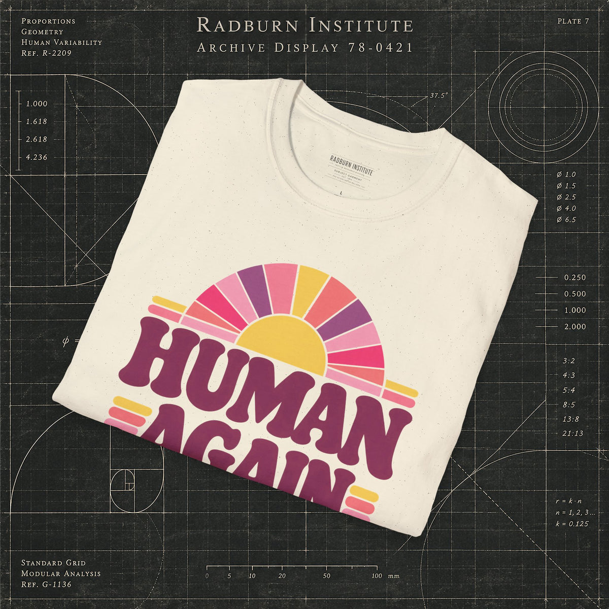 Folded natural Human Again NAD+ T-shirt showing the printed design | color:Natural