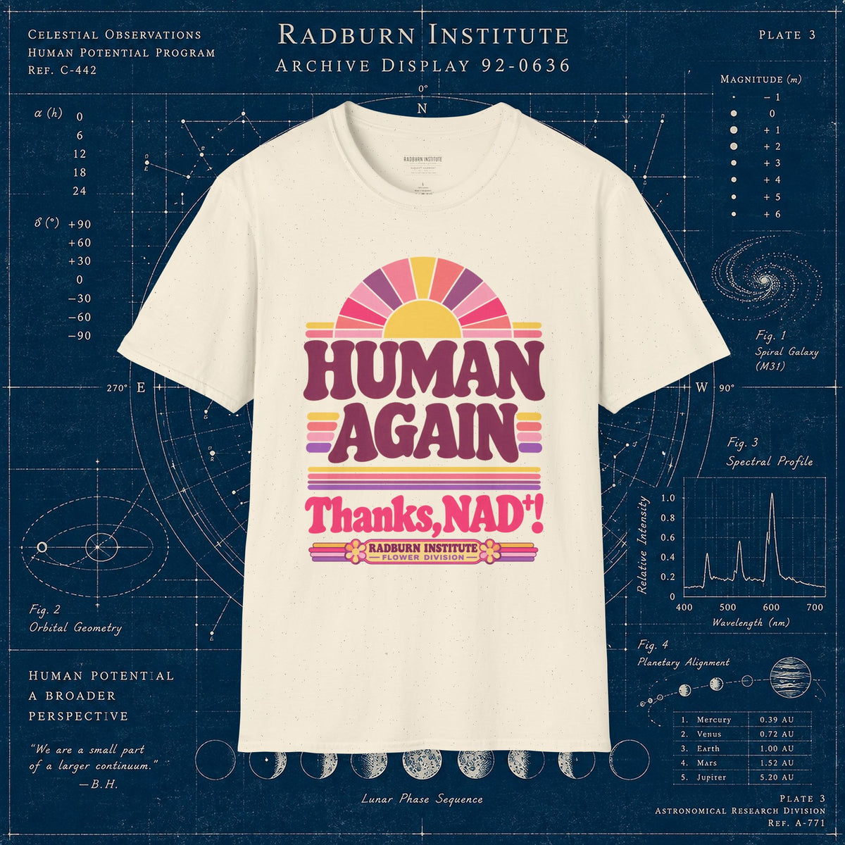 natural Human Again NAD+ T-shirt, front view laid flat on a display background | color:Natural