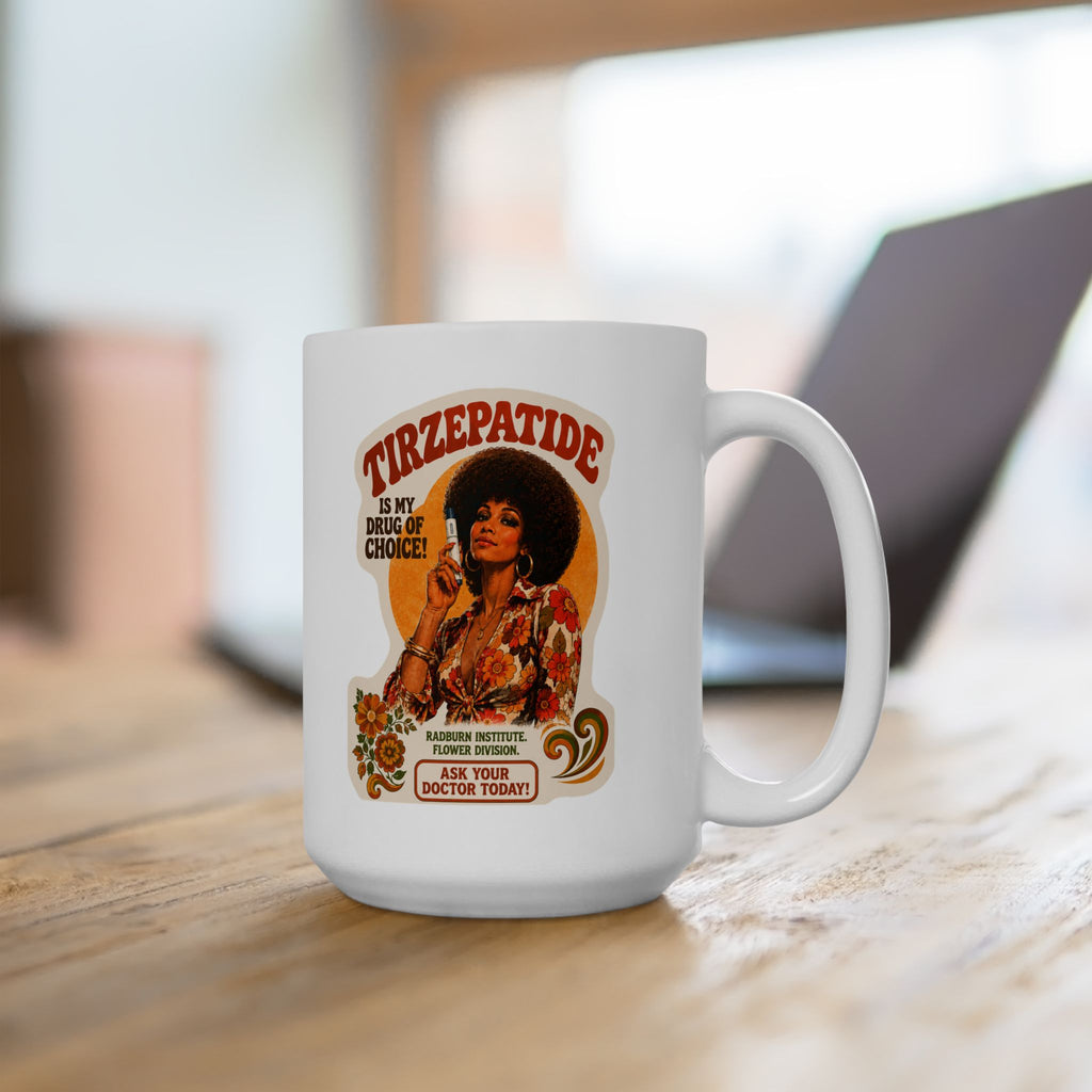 White Tirzepatide Mug — No Mustache on a wooden desk with a laptop in the background | color:all