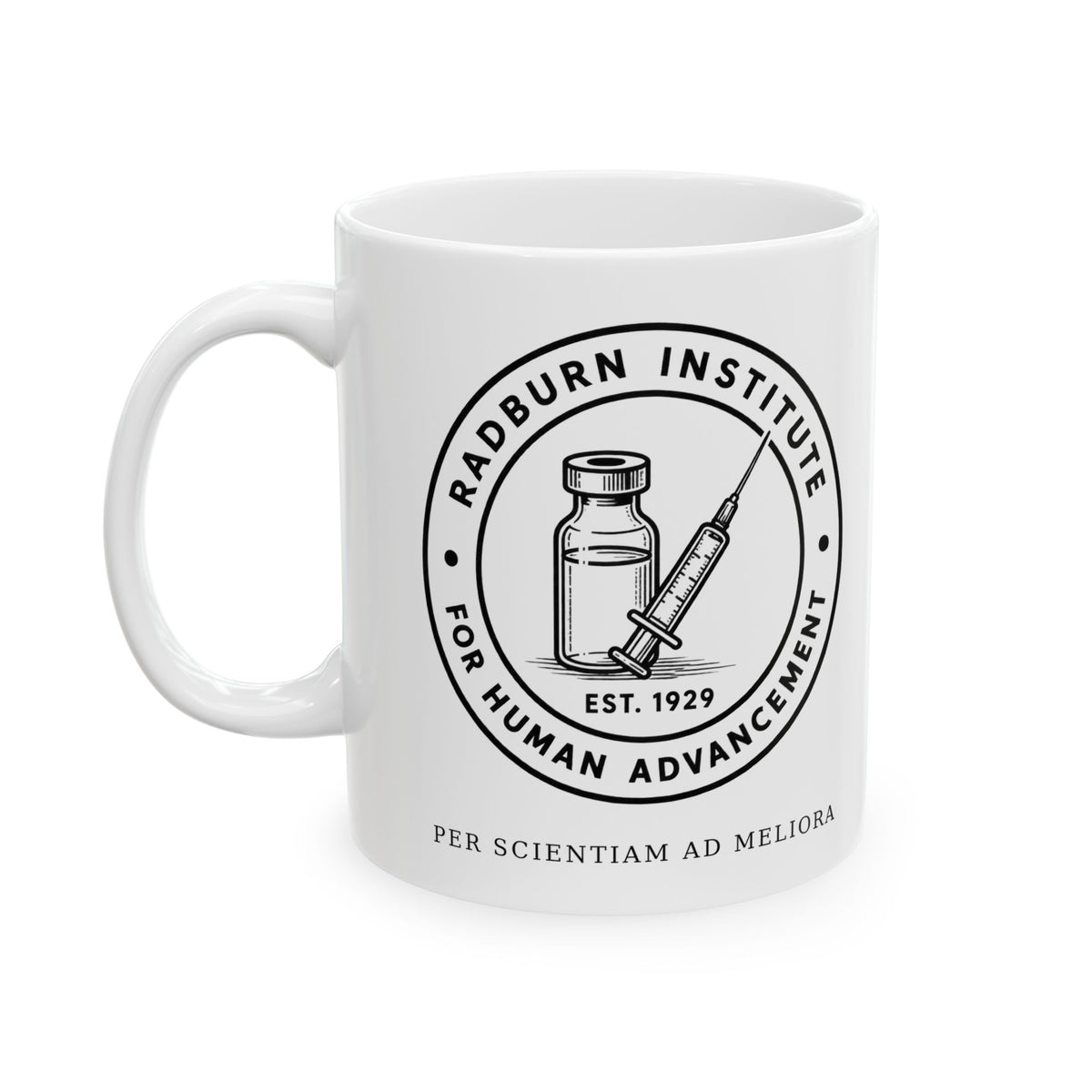 White Tirzepatide Mug — No Mustache showing the Radburn seal on the reverse | color:all