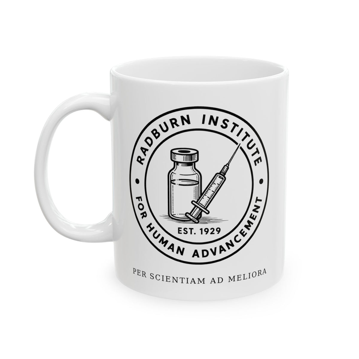 White Tirzepatide Mug — Mustache showing the Radburn seal on the reverse | color:all