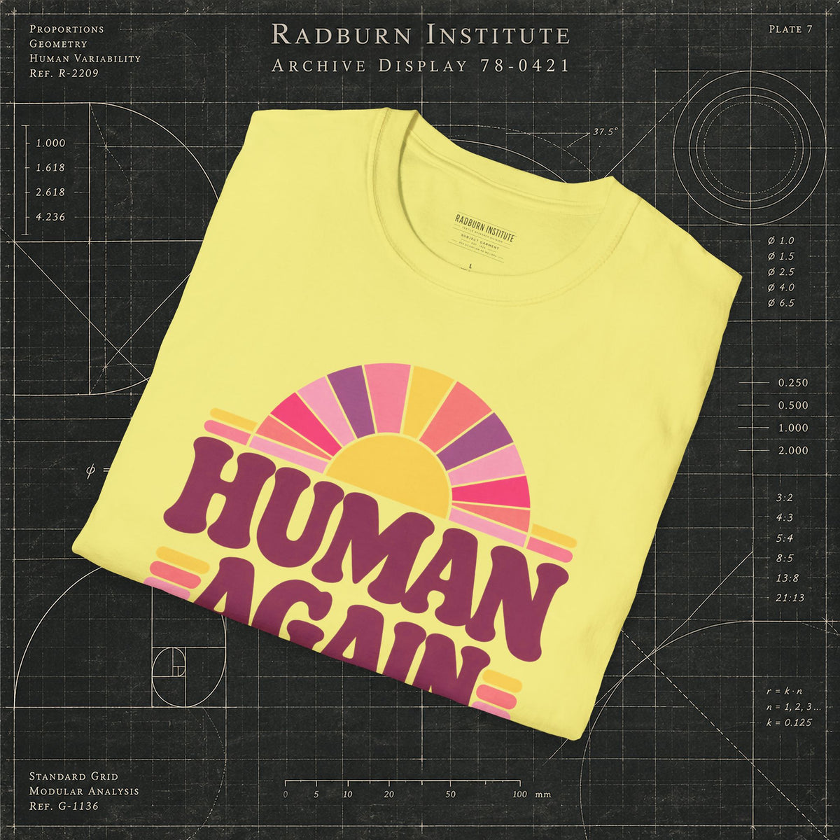 Folded cornsilk Human Again NAD+ T-shirt showing the printed design | color:Cornsilk