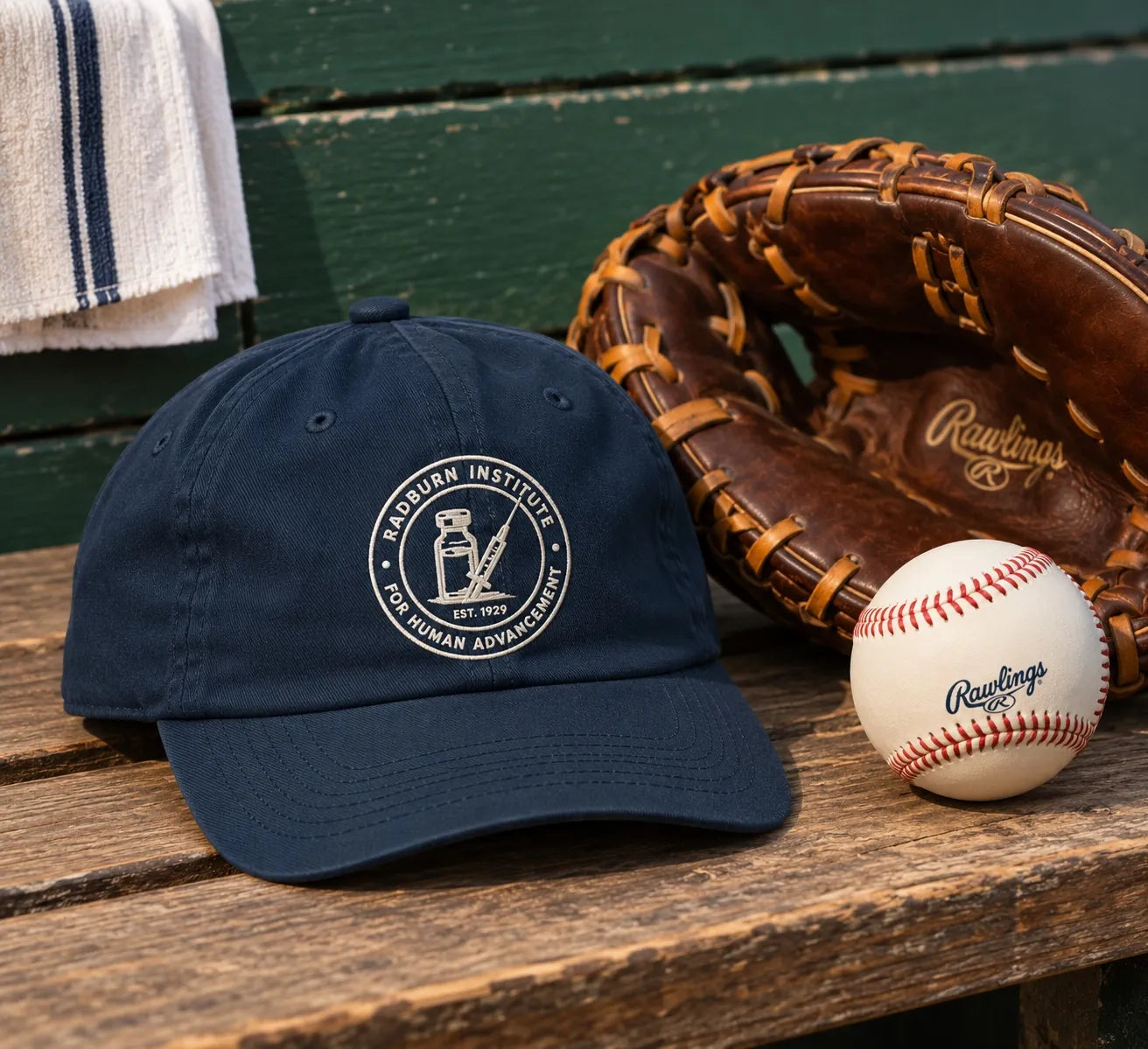 Modern reproduction Radburn cap with baseball glove and ball