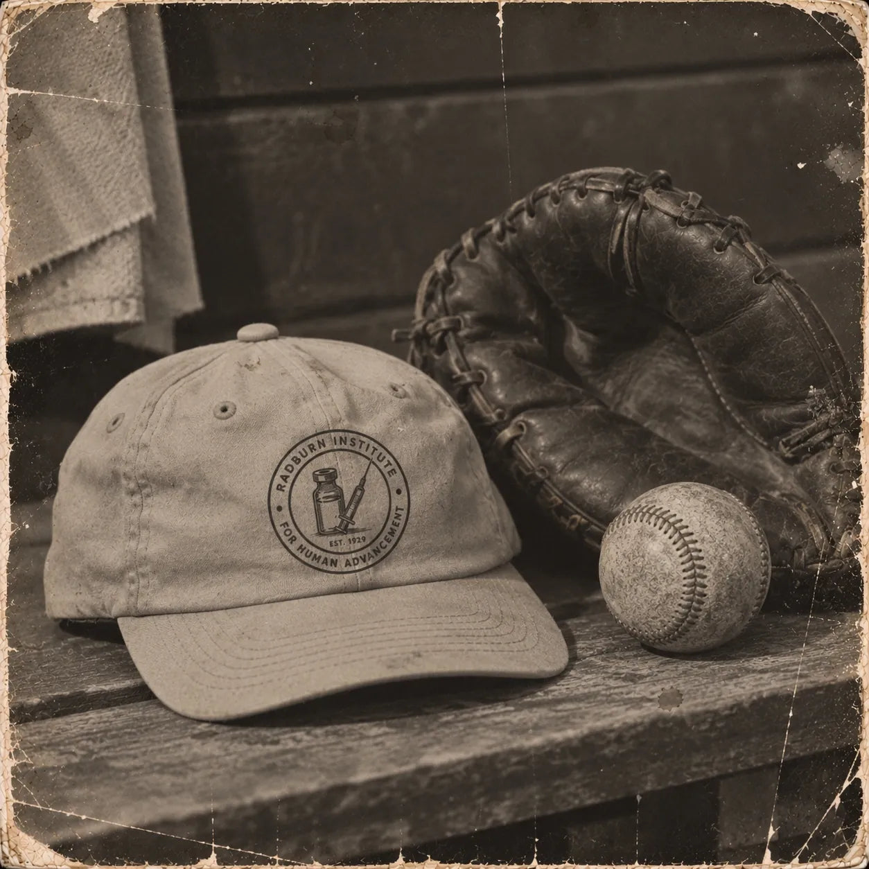Radburn baseball cap beside glove and ball