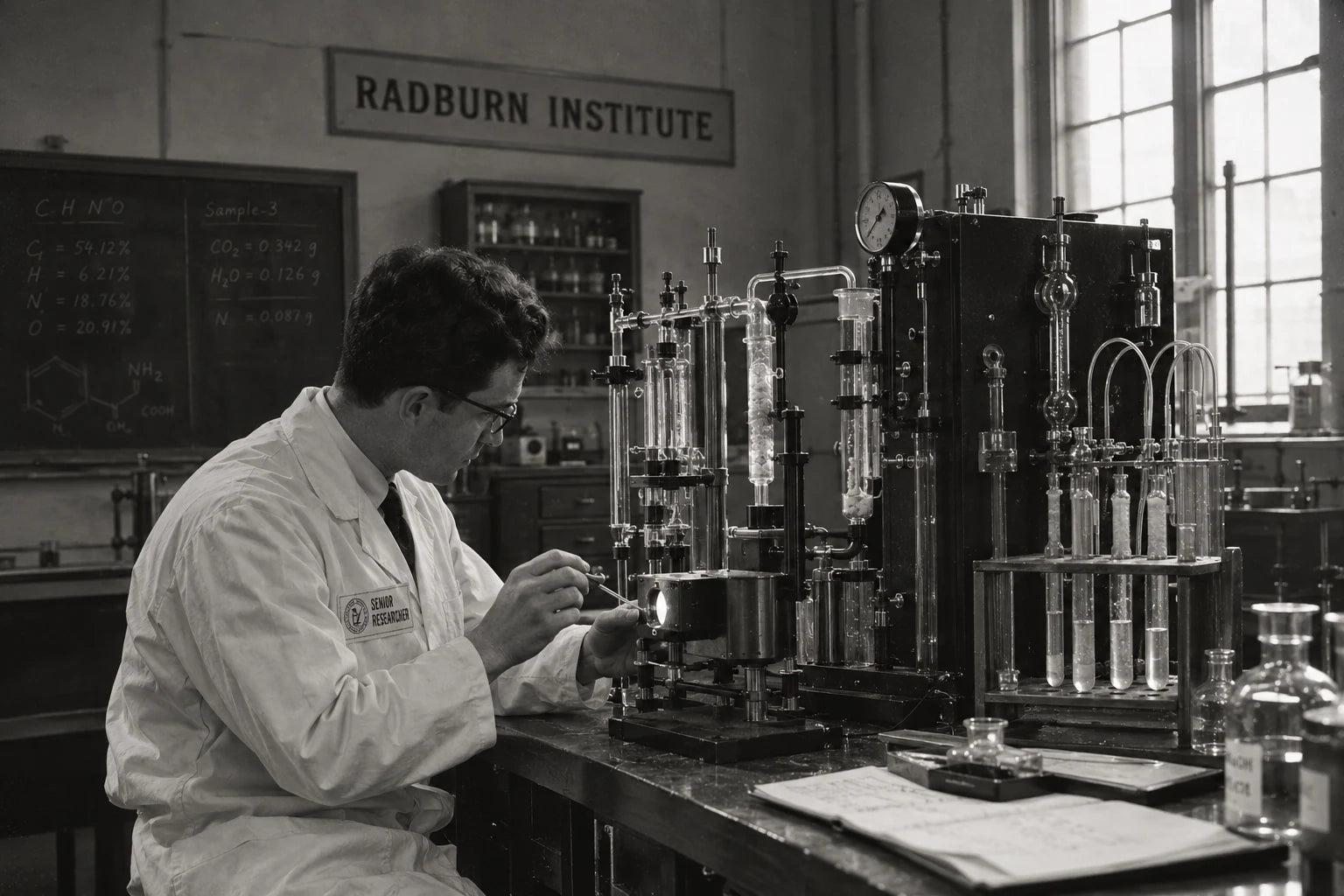 Radburn researcher operating early laboratory instrumentation