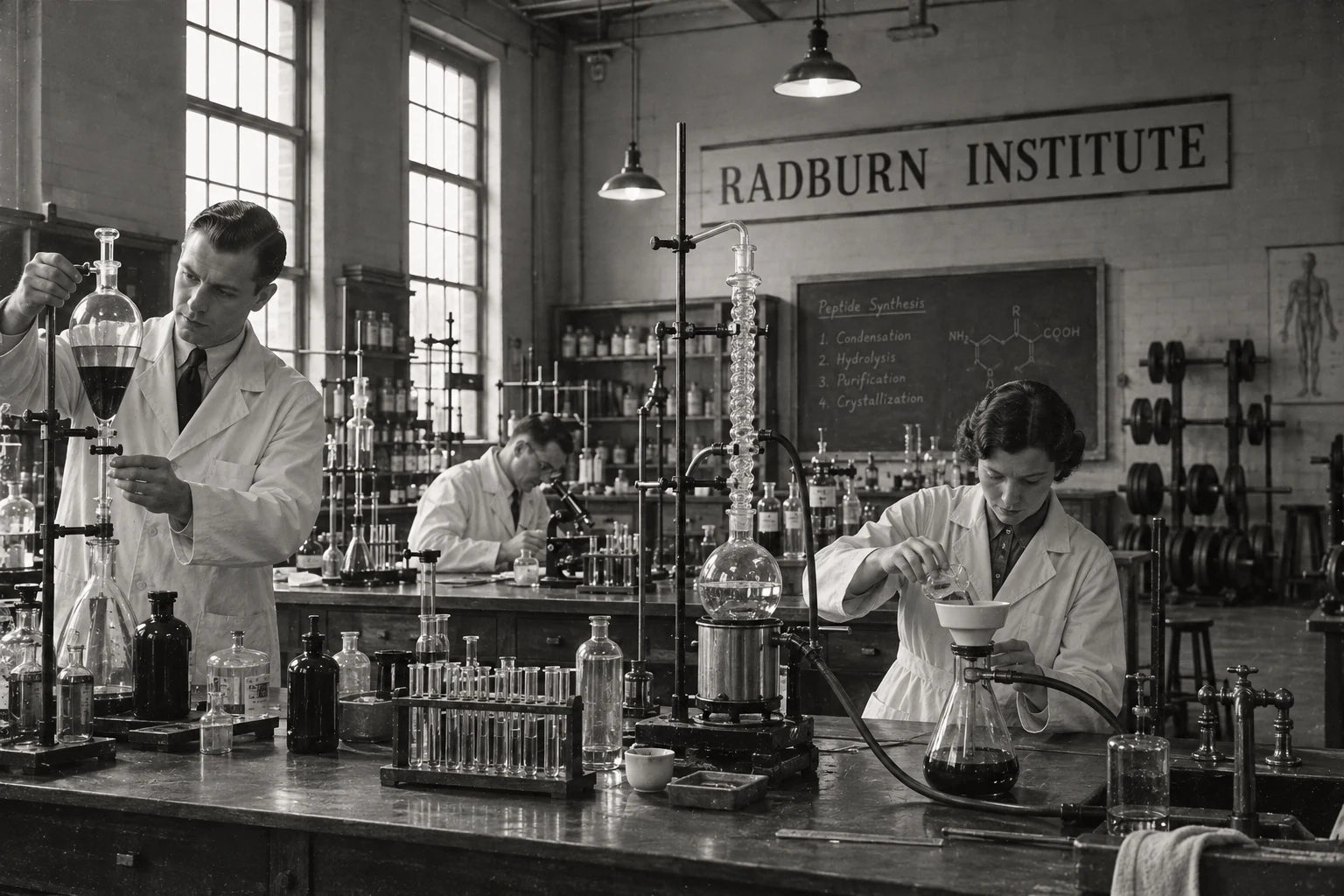 Radburn researchers working in an early peptide laboratory