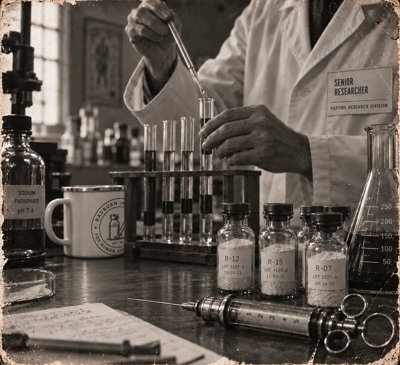 Radburn senior researcher pipetting peptide samples at an early laboratory bench