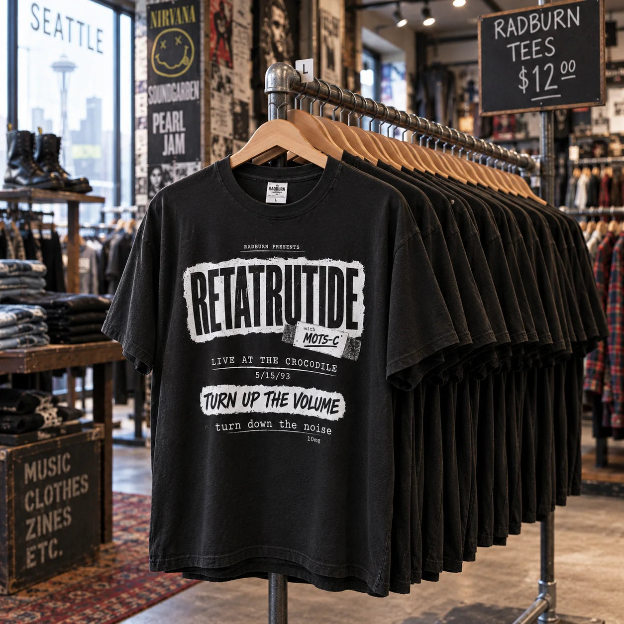 Retatrutide shirts on a Seattle retail rack