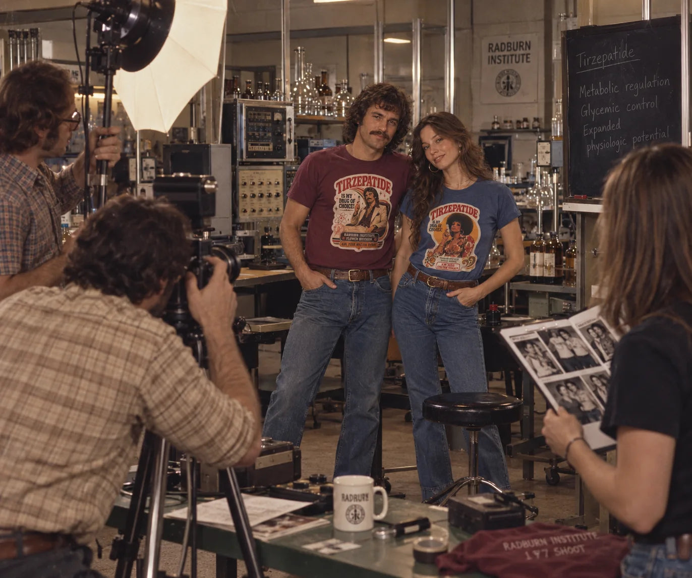 Behind-the-scenes Tirzepatide marketing photograph in a Radburn laboratory
