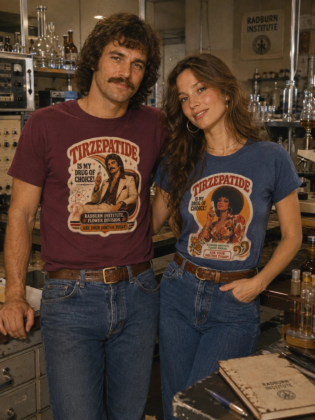 Two models wearing Tirzepatide test-marketing garments in a Radburn laboratory