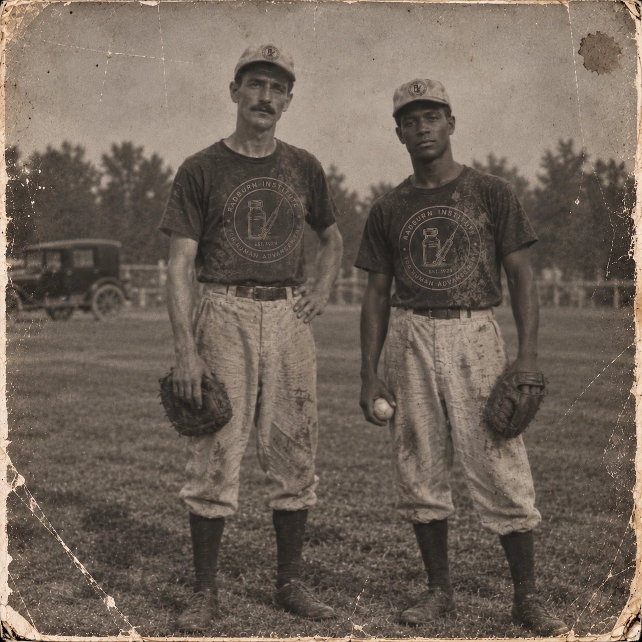 Two Radburn employee baseball players posing after a game