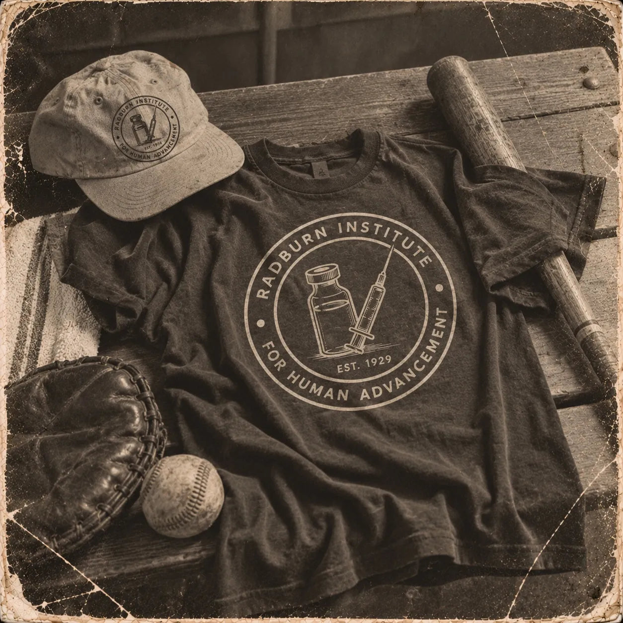 Radburn baseball shirt, cap, glove, ball and bat arranged on a bench
